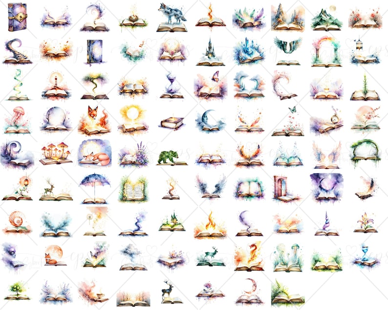 May include: A collection of watercolor illustrations featuring open books with various themes. Each book has unique imagery, including animals, landscapes, and fantasy elements. The color palette includes blues, greens, oranges, and purples, creating a whimsical and artistic aesthetic.