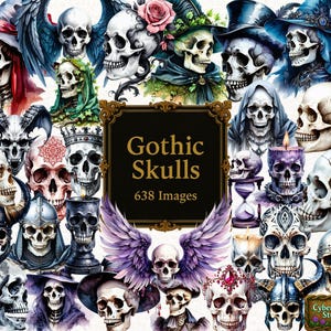 Gothic Skull Clipart Bundle - 638 dunkle PNG Grafiken mit Schädeln, Kronen, Blumen, Hexen, Kristallen, Flügeln zum Basteln & Sublimation