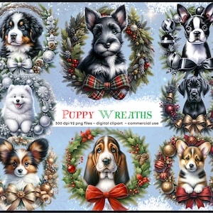 Chiot de Noël couronnes de cliparts chien aquarelle - 92 Images PNG festives de couronne, graphiques déco vacances, téléchargement numérique instantané