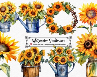 Könnte beinhalten: Ein Set mit 32 Aquarell-Sonnenblumen-Illustrationen, perfekt für Bastel- und digitale Designprojekte. Die Sonnenblumen sind in verschiedenen Arrangements dargestellt, darunter Kränze, Sträuße und einzelne Blüten. Die Illustrationen sind hochauflösend und im PNG-Format.