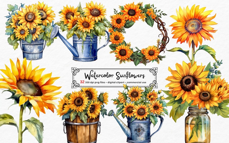 Watercolor Sunflowers Clipart Fall Sunflower Floral Bouquets - Etsy