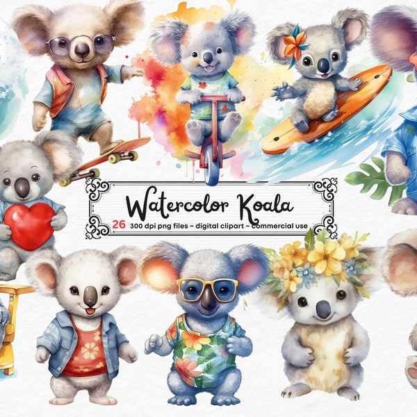 Koala bear Watercolor Clipart Set. Cute baby koala, nursery decor clipart, baby shower clipart. 300 dpi PNG files digital download