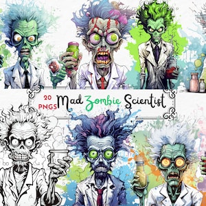 Mad Scientist Zombie, Undead PNG Zombie Printables, Junk Journal, Zombie Ephemera, Undead Clipart, Skeleton Clipart, Digital Zombies