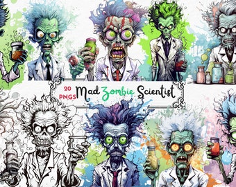 Mad Scientist Zombie, Undead PNG Zombie Printables, Junk Journal, Zombie Ephemera, Undead Clipart, Skeleton Clipart, Digital Zombies