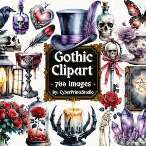 Gothic Aquarell Clipart Bundle - 760 PNGs von Schädeln, Rosen, Raben, Kristallen, Monden, Schlüsseln, Kerzen, Büchern, Motten, Teetassen, Rahmen