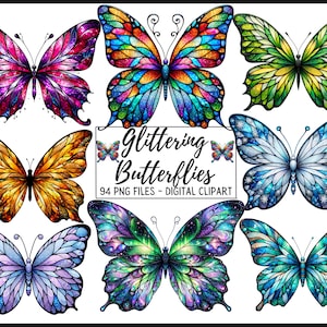 Clipart de borboletas brilhantes, clipart de borboleta pintada, ilustrações de borboletas, gráficos PNG, enfeites de álbum de recortes para uso comercial