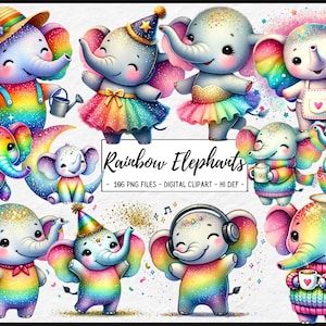 Rainbow Elephant Clipart - Cute Watercolor Elephants PNG - Digital Download for Nursery Decor, Stickers, Crafts, Invitations, Sublimation