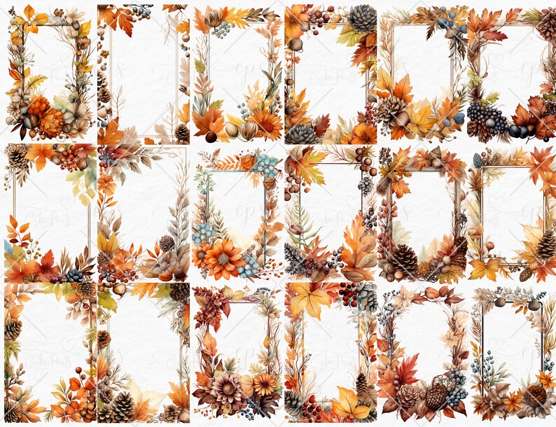 Autumn Frames Watercolor Clipart Bundle PNG Fall Flowers Frame Images ...