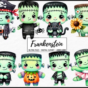 Frankenstein Clipart, cute high quality png halloween printables spooky clip art monsters png Watercolor clipart, Card making, scrapbooking
