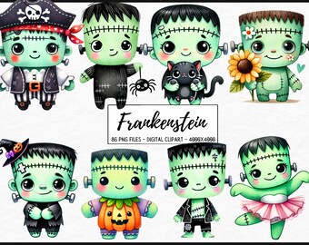 Frankenstein Clipart, cute high quality png halloween printables spooky clip art monsters png Watercolor clipart, Card making, scrapbooking