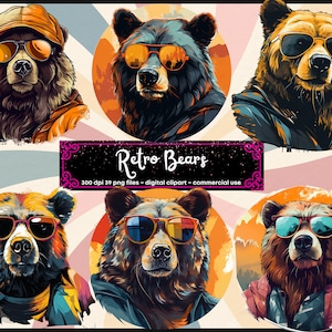 Clipart de óculos de sol de urso | Retrô | PNG | Bonito | Aquarela | Uso Comercial | Download instantâneo