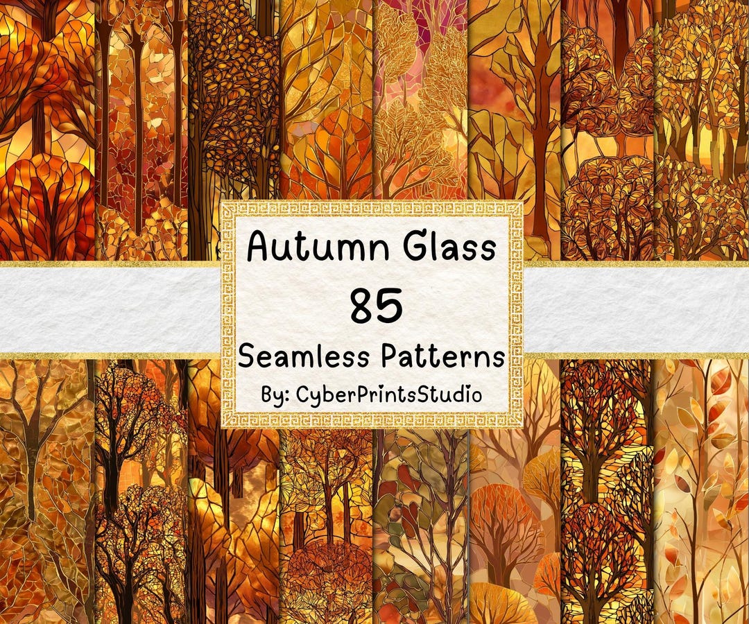 Fat Fall Tree Jpattern Stained Glass Autumn Digital Paper – 85 Seamless Fall Tree Patterns ...