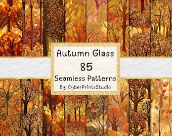 Stained Glass Autumn Digital Paper – 85 Seamless Fall Tree Patterns with Mosaic Foliage, Warm Forest Colors, and Golden Leaf Clipart
