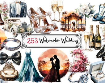 Clipart de aquarela de casamento - 255 lindos itens de estilo de conto de fadas encantado, casamento, noivado, PNG, download digital instantâneo, uso comercial
