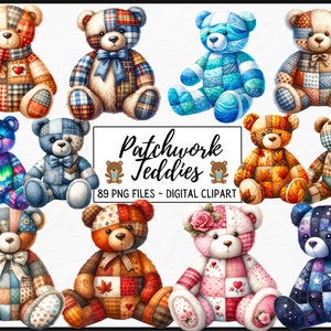 Puede incluir: Un conjunto de 12 imágenes digitales de clip art de osos de peluche patchwork en varios colores y patrones. El texto "Patchwork Teddies" y "89 PNG Files - Digital Clipart" está incluido en la imagen.
