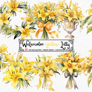 Watercolor Yellow Lilly Clipart - Yellow Lillies in PNG format instant download for commercial use, Lilly Vase, Lilly scrapbooking