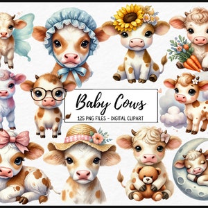 Vache aquarelle Clipart veau Clipart Sublimation de dessins et modèles au format PNG téléchargement immédiat - création de cartes, clipart, création numérique en papier