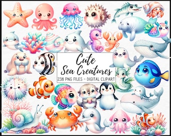 Pacote de clipart em aquarela de animais marinhos - 238 imagens PNG de animais marinhos fofos, gráficos de vida selvagem do oceano, download digital instantâneo, uso comercial