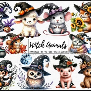 Niedliche Baby-Tiere, Hexenhut Clipart, Kinderzimmer Wandkunst, Halloween Tier-Dekor, Aquarell Tierillustrationen, niedliche Tierdrucke