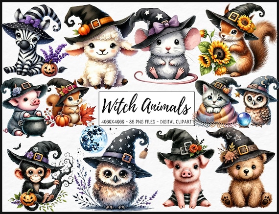 Cute Baby Animals, Witch Hat Clipart, Nursery Wall Art, Halloween Animal Decor, Watercolor Animal Illustrations, Cute Animal Prints