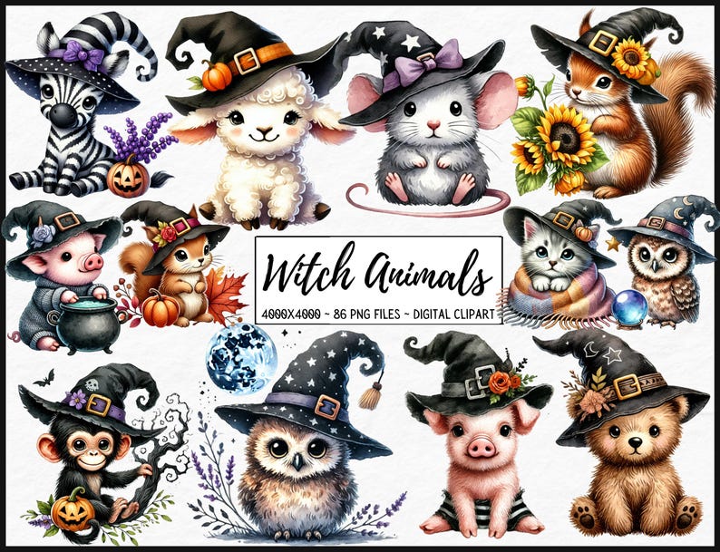 May include: A set of 10 digital clip art images of cute animals dressed as witches. The animals include a zebra, a lamb, a mouse, a squirrel, a cat, an owl, a pig, a monkey, a piglet, and a bear. Each animal is wearing a black witch hat with a pointed top and a wide brim. The animals are all smiling and looking happy. The images are perfect for use in scrapbooking, card making, and other craft projects.