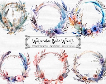 Watercolor Boho Wreaths Clipart, Floral Frames, Watercolor Floral Wreath PNG Instant Download for commercial use