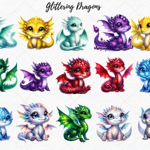 Pu&ograve; includere: Dodici draghi neonati di cartoni animati con ali e squame scintillanti in vari colori, tra cui blu, verde, rosso, viola, giallo e bianco. I draghi sono tutti seduti su uno sfondo bianco con il testo "Glittering Dragons" in alto.