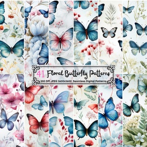Nahtlose Aquarell Schmetterlinge digitales Papier, Schmetterling blüht nahtlose Muster, Frühling Floral Motten Collage Papier Pack, Schmetterling drucken