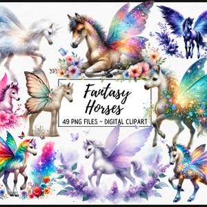 Aquarell Fantasy Pferd Clipart, Fee Flügel Clip Art Grafiken PNG Clip Art Grafiken, sofortiger Download, für kommerzielle Nutzung, Junk Journal