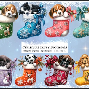 Weihnachten Welpen Strumpf, niedlichen Aquarell Hund Clipart, Urlaub, festlich, entzückende Hund Mama Clipart, Weihnachten Clipart Bundle, PNG Digital