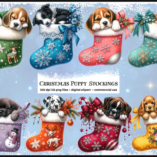 Christmas Puppy Stocking, cute Watercolor Dog Clipart, Holiday, Festive,  adorable Dog Mom Clipart, Xmas Clipart Bundle, PNG Digital