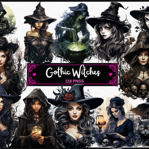 Gothic Witches Clipart Bundle Halloween PNG Images, Fantasy Magical Graphics, PNG, Téléchargement numérique instantané, Utilisation commerciale