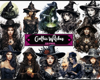 Gothic Witches Clipart Bundle Halloween PNG Images, Fantasy Magical Graphics, PNG, Instant Digital Download, Commercial Use