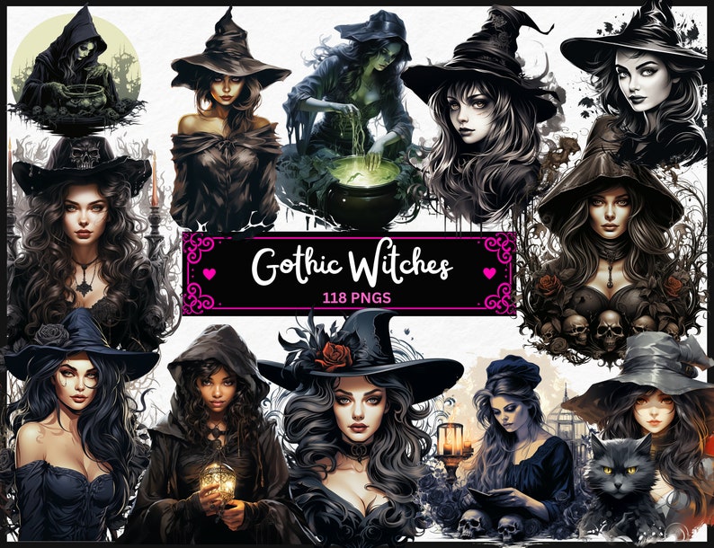 Gothic Witches Clipart Bundle Halloween PNG Images, Fantasy Magical ...