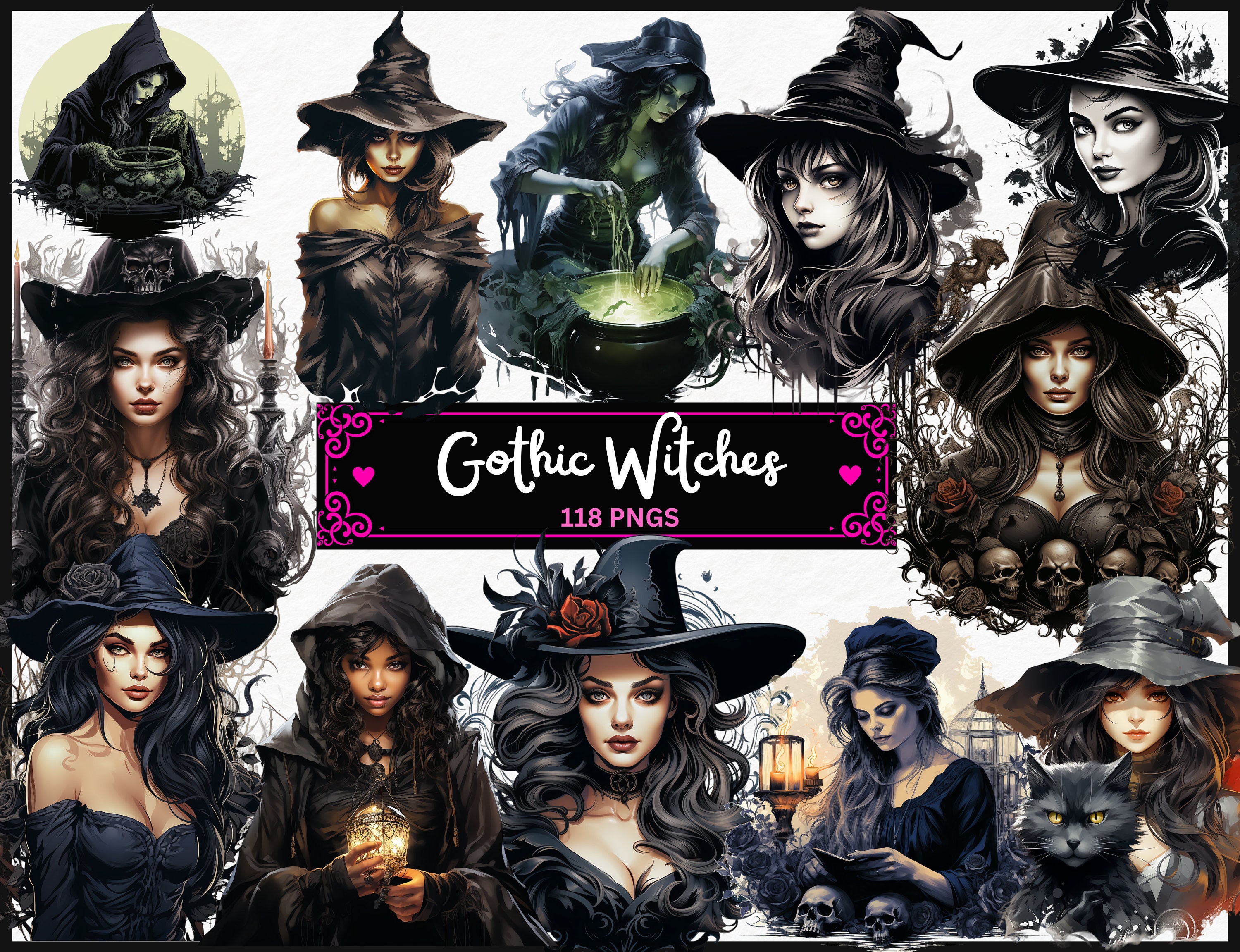 Gothic Witches Clipart Bundle Halloween PNG Images, Fantasy Magical ...
