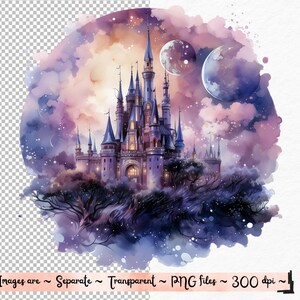 Aquarel Fantasy Castles Clipart - fantasy kasteel nacht landschap landschappen PNG formaat instant download voor commercieel gebruik afbeelding 8