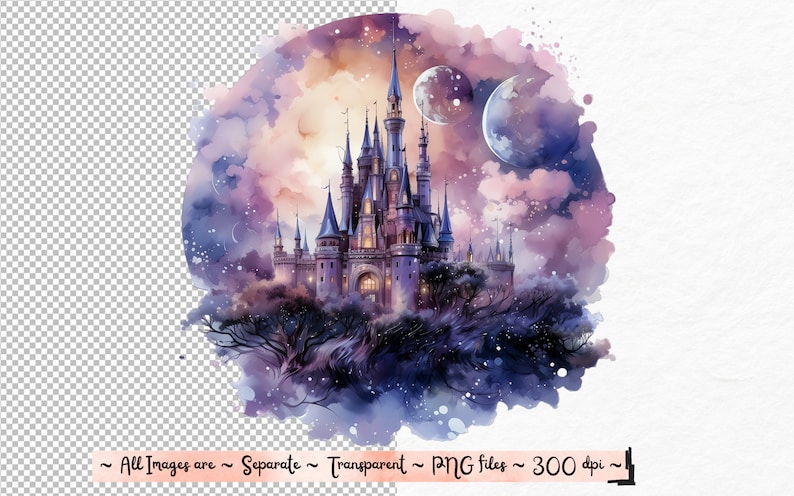 Aquarel Fantasy Castles Clipart - fantasy kasteel nacht landschap landschappen PNG formaat instant download voor commercieel gebruik afbeelding 8