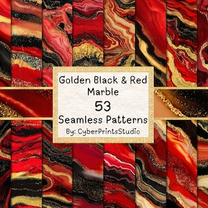 Puede incluir: Una colección de 53 patrones sin costuras con un diseño de mármol dorado, negro y rojo. Los patrones presentan vetas arremolinadas de color y acentos brillantes. El texto en la imagen dice "Golden Black & Red Marble 53 Seamless Patterns By: CyberPrintsStudio."