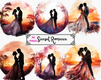 Sunset Romance, Sunset Kiss, Beautiful Bride clipart bruidsjurk clipart png commercieel gebruik transparante achtergrond Digitale Download