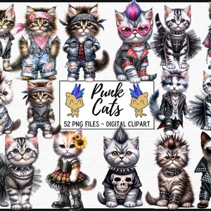 Ilustraciones de gatos rockeros punk góticos, gatito Mohawk, imágenes prediseñadas, clip art, png, uso comercial, diario basura, scrapbooking, descarga instantánea