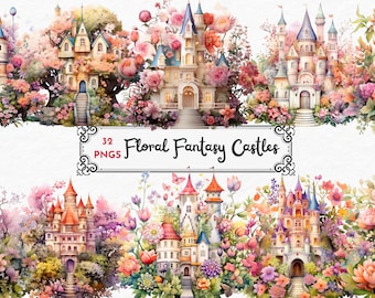 Aquarell Blumen Fantasy Burgen Clipart - Fantasy Burg Nacht Landschaft Landschaften PNG format sofortiger Download für kommerzielle Nutzung