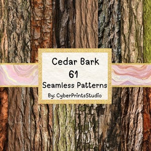 Puede incluir: Imagen de arte digital que muestra una colección de texturas de corteza de cedro. La imagen presenta varios tonos de patrones de corteza marrón, gris y verde. El texto en un marco dorado dice "Cedar Bark 61 Seamless Patterns By: CyberPrintsStudio."