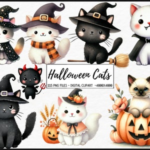 Halloween Cats Watercolor Clipart Bundle - 115 PNG Spooky Cat Images, Bewitching Kitten Graphics, Instant Digital Download, Commercial Use