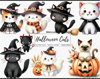 Halloween Katzen Aquarell Clipart Bundle - 115 PNG Bilder, gruselige Katzen Bilder, bezaubernde Kätzchen Grafiken, sofortiger digitaler Download, kommerzielle Nutzung