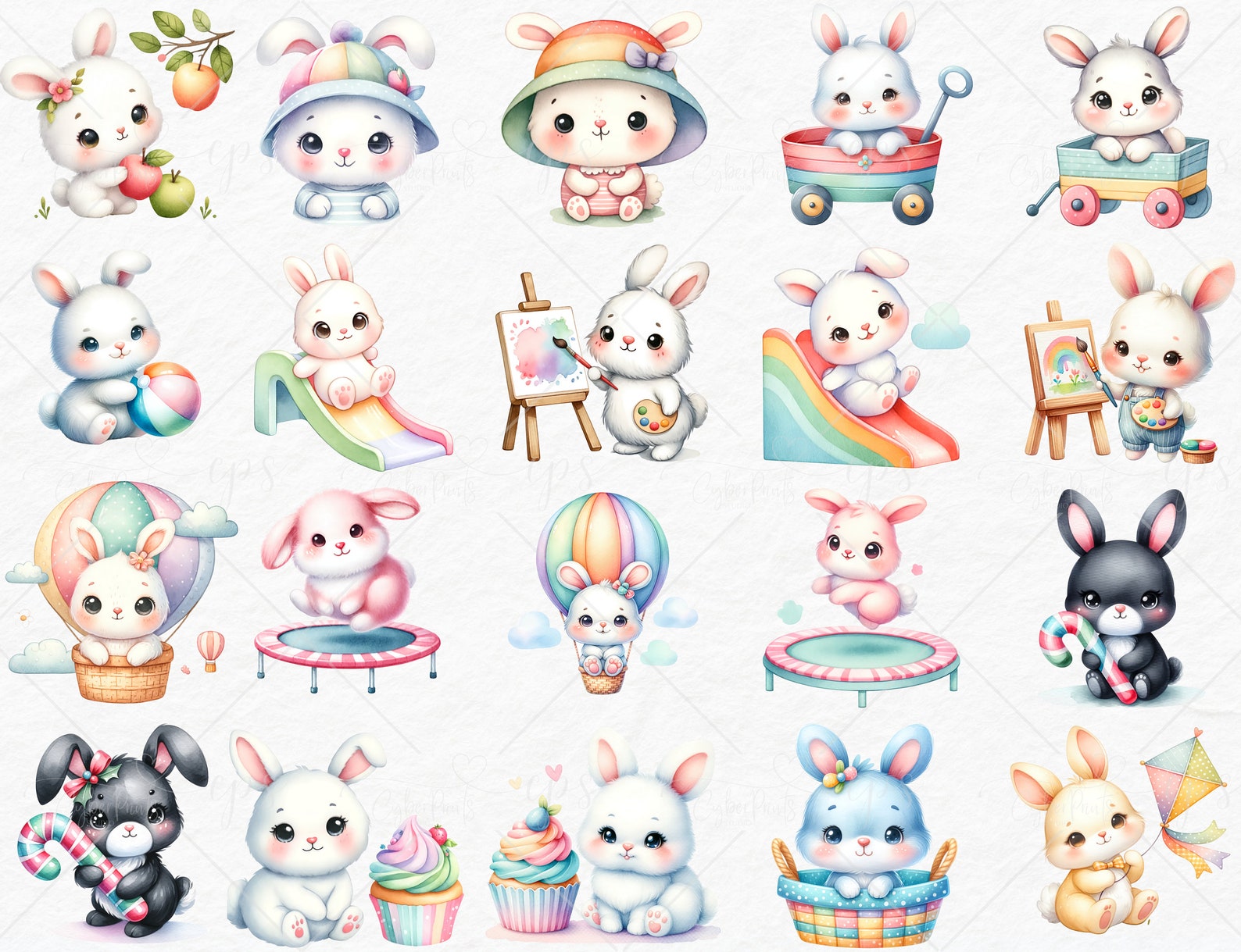 Bunnies Watercolor Clipart Bundle - 139 PNG Cute Adorable Bunny Images ...