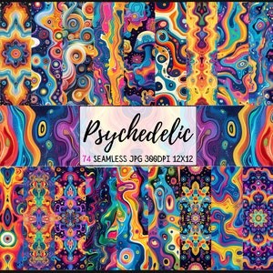 Peut inclure: Un ensemble de 74 motifs numériques sans couture de style psychédélique. Les motifs présentent des couleurs vives, des formes tourbillonnantes et des designs abstraits. Les motifs sont parfaits pour une utilisation dans le scrapbooking numérique, la conception Web et d'autres projets créatifs.