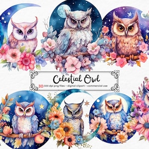 Aquarell himmlische Eulen Clipart - Floral Eule Clipart Galaxie Fantasy Eule ClipArt im PNG-Format sofortiger Download für kommerzielle Nutzung
