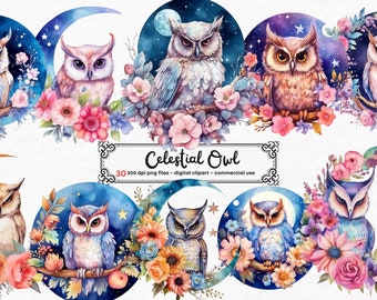 Watercolor Celestial Owls Clipart - Floral Owl Clipart galaxy fantasy owl clip art in PNG format instant download for commercial use