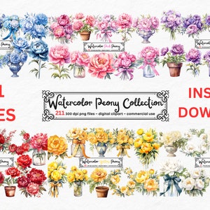 Watercolor Peony Clipart Pack - peonies in PNG format instant download for commercial use, boquet, Peony scrapbooking, floral bouquet