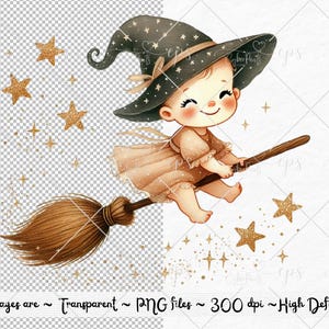 May include: A digital illustration of a cute witch with a brown hat and dress riding a brown broom with gold stars in the background.